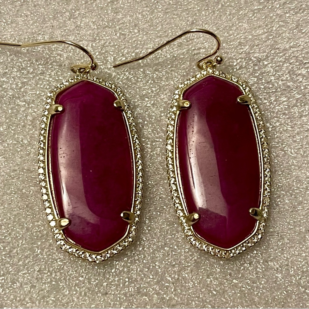 HTF Kendra Scott Elle Maroon Gold Tone Crystal Framed Drop Statement Earrings